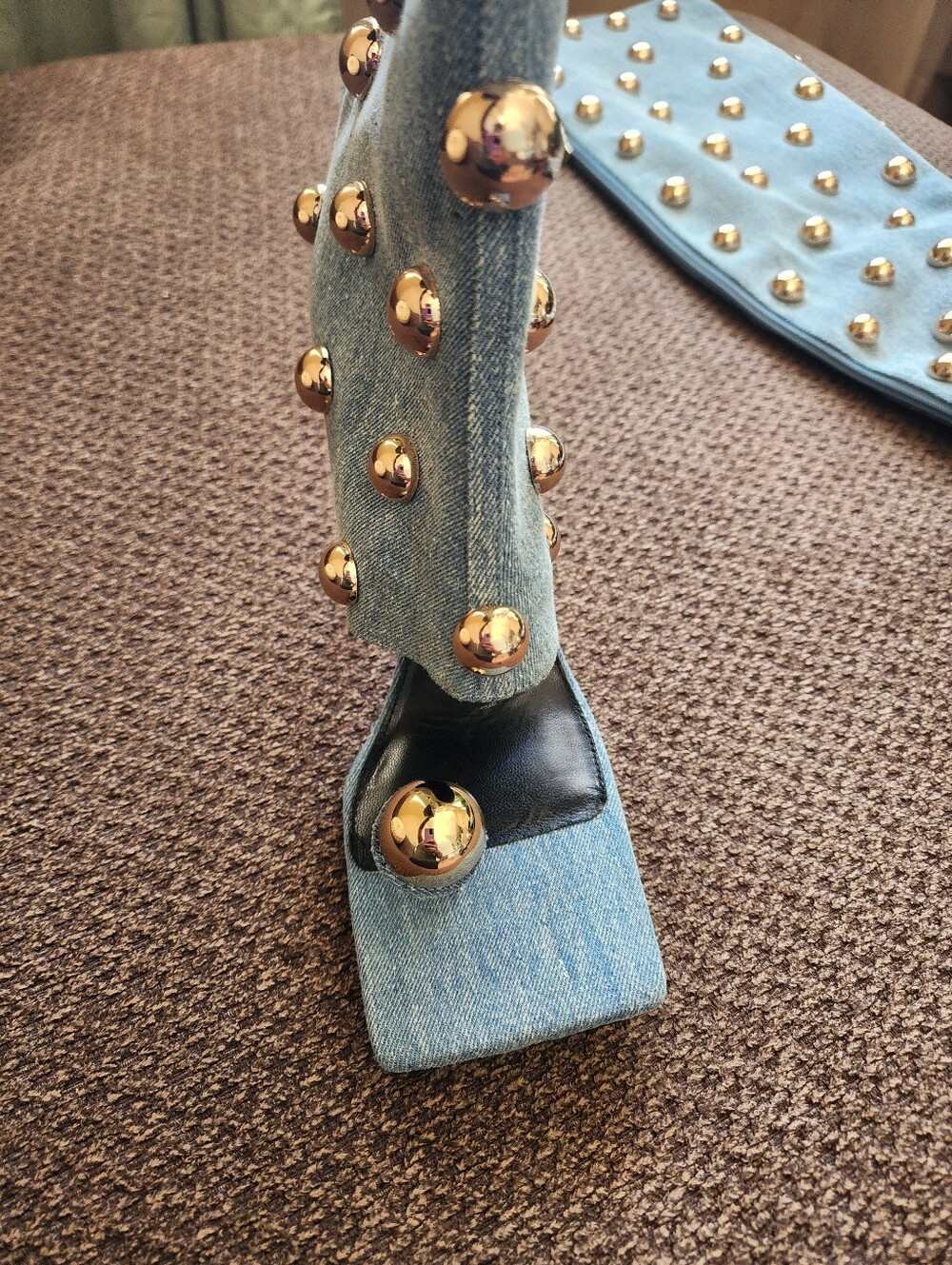 IYKYK I Am Jennifer Le Big Gold Studded Over-the-Knee Denim Stiletto Boot - Picture 6 of 10